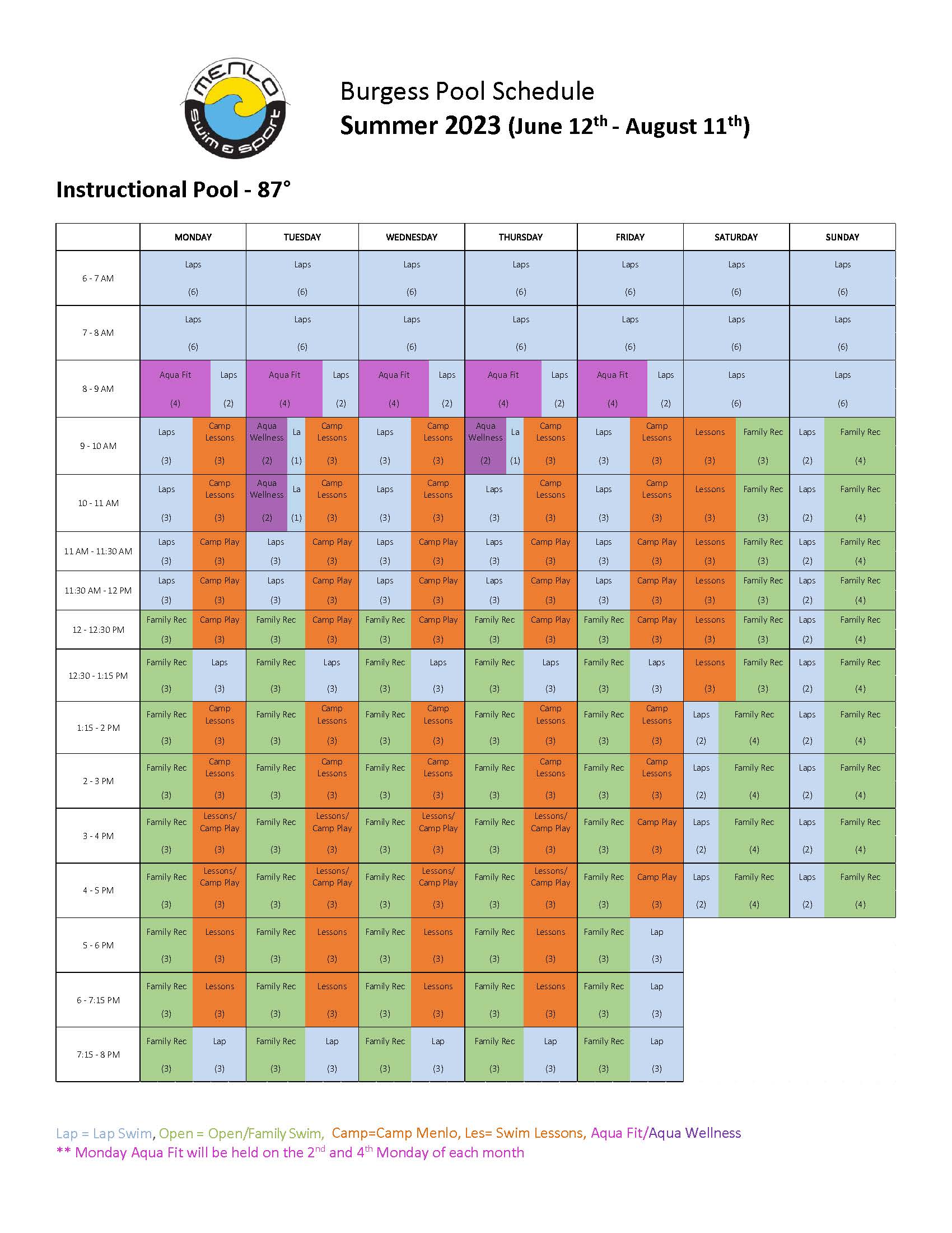 Pool Schedule Menlo Swim & Sport