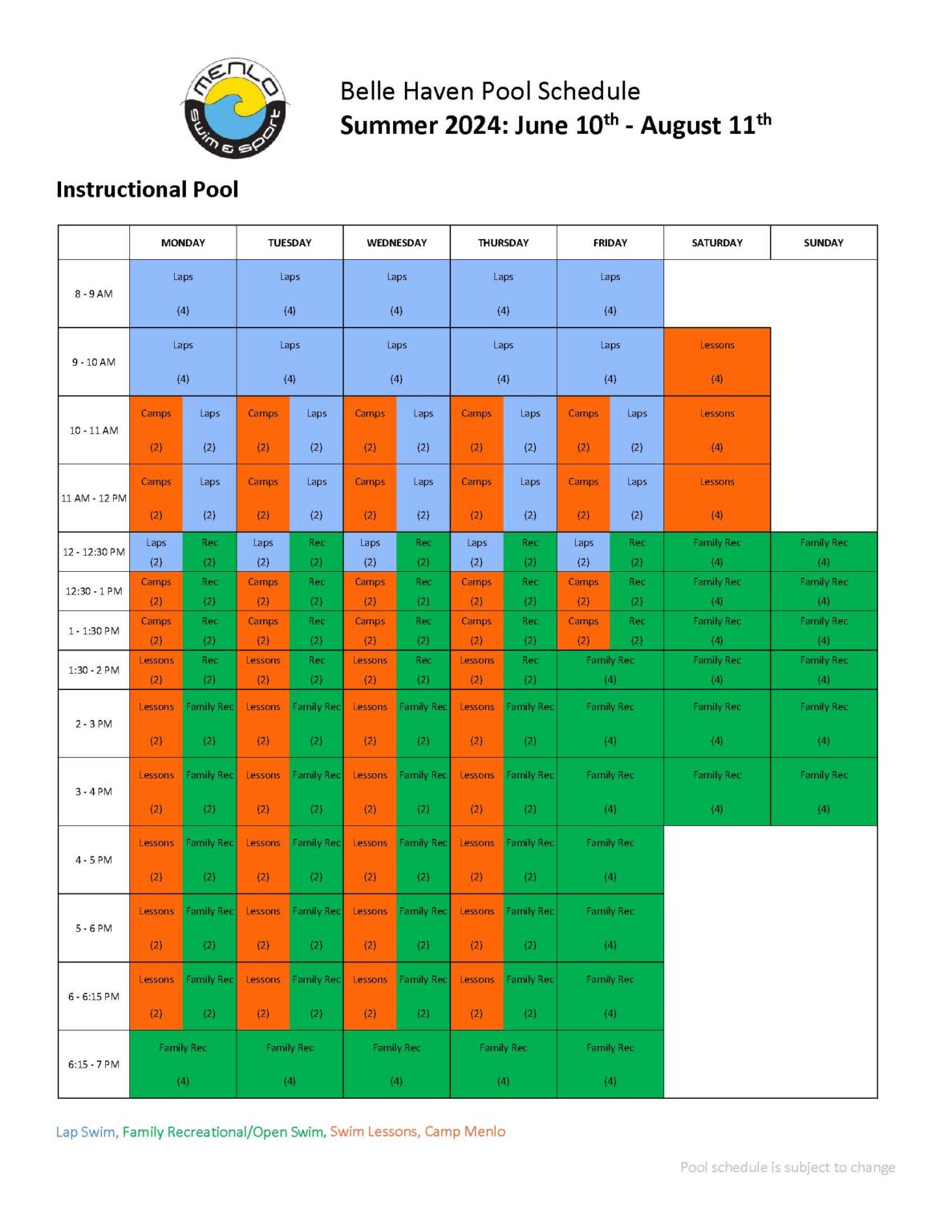 Pool Schedule (Belle Haven) - Menlo Swim & Sport